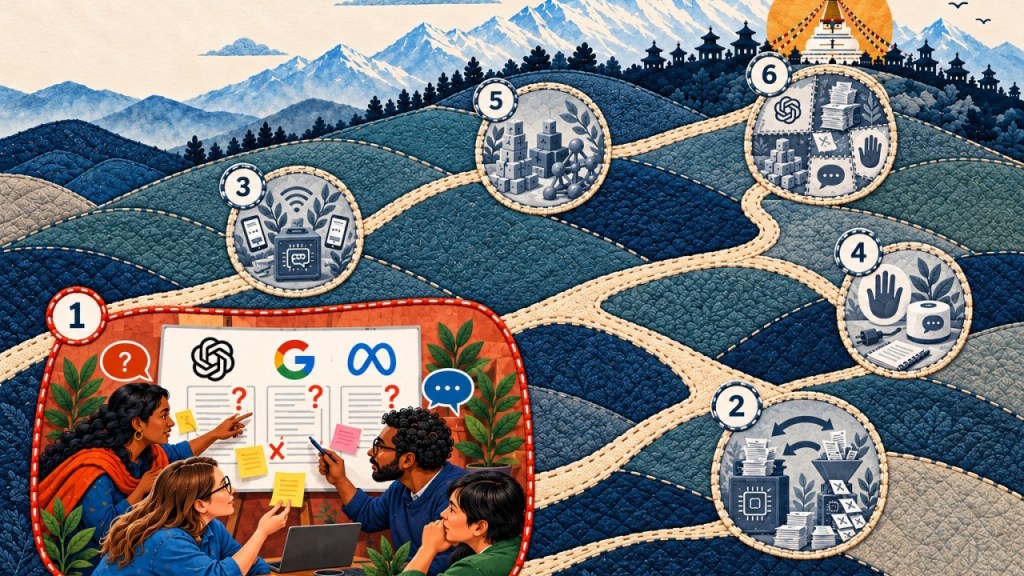 An illustrated scene depicting a diverse group of people collaborating around a table with charts and icons representing technology companies like Google and Meta. The background features stylized hills and mountains, with pathways leading to various icons symbolizing different stages of a process.